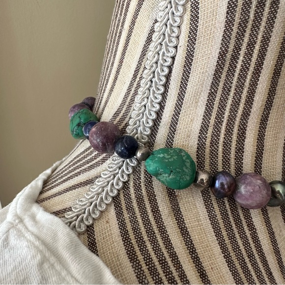 Chunky Turquoise Pearl Lapis Lazuli Natural Gemstone Peacock Choker Necklace - Picture 5 of 16